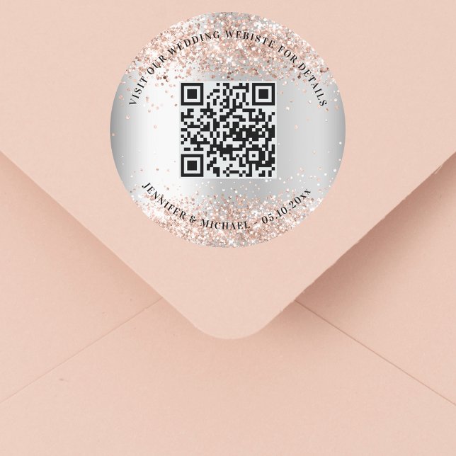 Sticker Rond Mariage site web QR code détails rsvp argent rose (Créateur téléchargé)