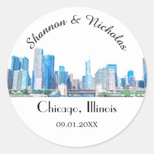 Sticker Rond Mariage Skyline de Chicago personnalisé