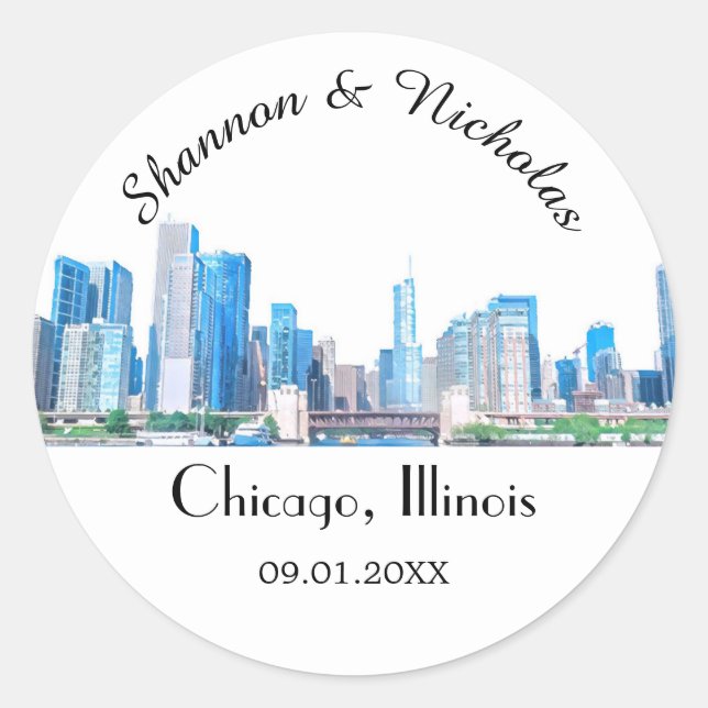 Sticker Rond Mariage Skyline de Chicago personnalisé (Devant)