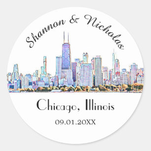 Sticker Rond Mariage Skyline de Chicago personnalisé