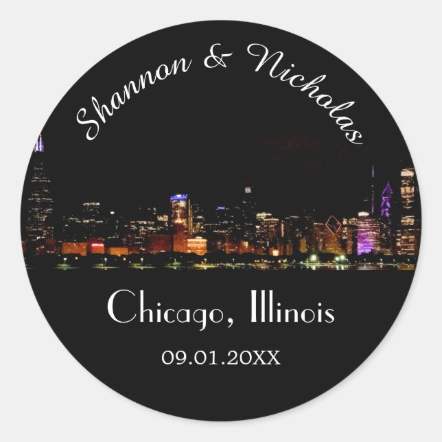 Sticker Rond Mariage Skyline de Chicago personnalisé (Devant)