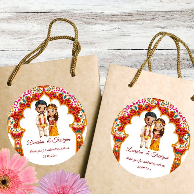 Sticker Rond Mariage sud-indien tamoul - Caricature mignonne fa (Tamil South Indian wedding cute caricature bridal couple thank you favor Sticker)