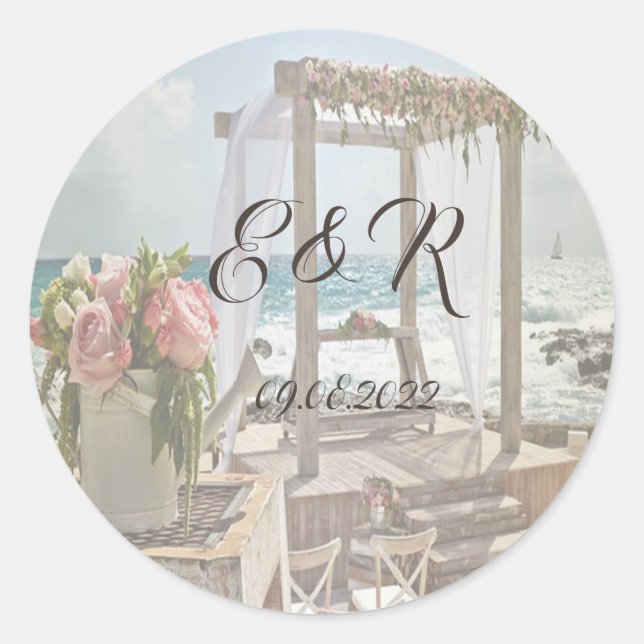 Sticker Rond Mariage sur la Plage Arche Rétro (Devant)