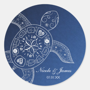 Sticker Rond Mariage sur la plage bleue avec tortue de mer hawa