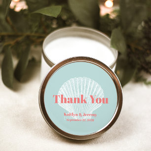 Sticker Rond Mariage sur la Plage Coquillage Merci Aqua Corail