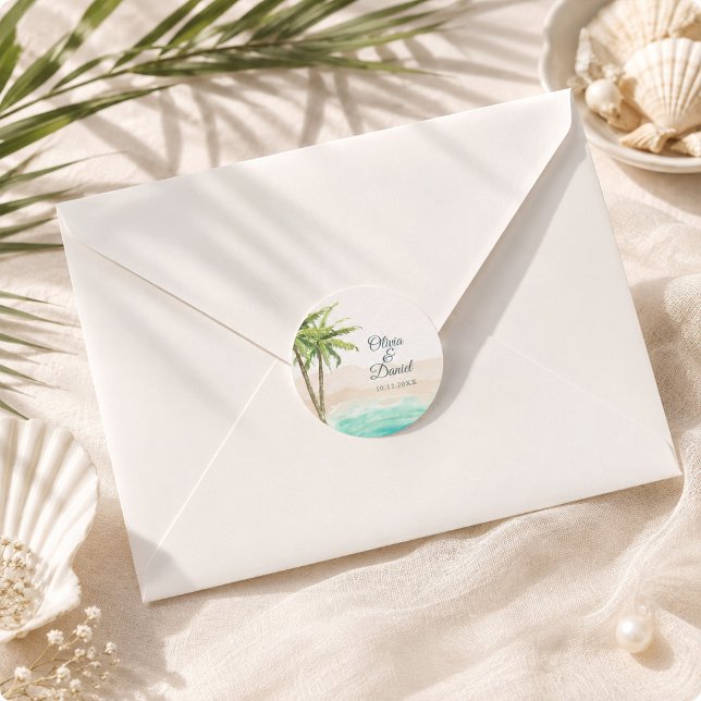 Sticker Rond Mariage sur la plage de sable turquoise à l'aquare (Watercolor Turquoise Sandy Beach Wedding Classic Round Sticker)