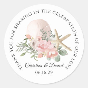 Sticker Rond Mariage sur la Plage Merci Fleur et Étoile de Mer