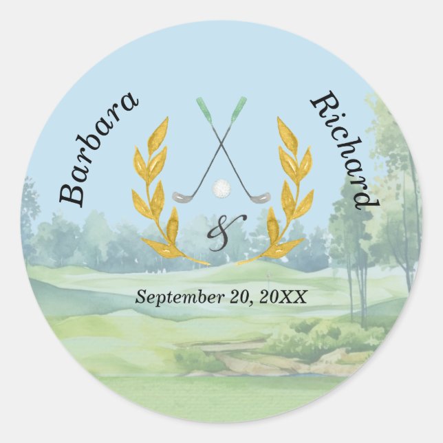 Sticker Rond Mariage sur le thème de golf élégant classique per (Devant)