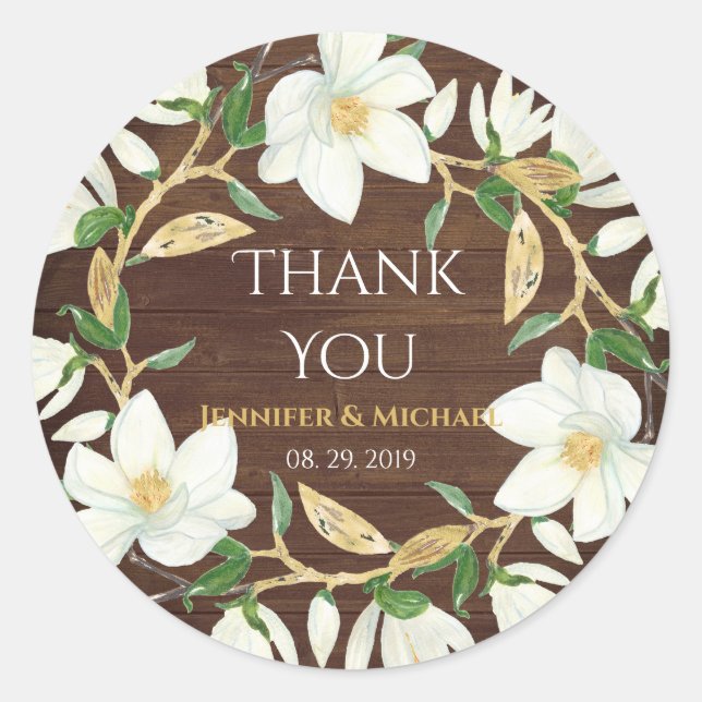Sticker Rond Mariage sur mesure en bois rustique Magnolia (Devant)