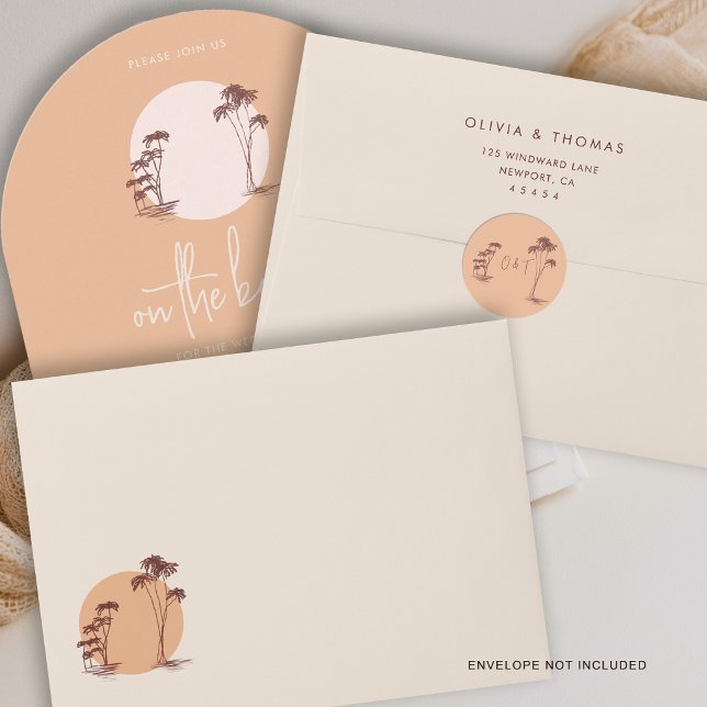 Sticker Rond Mariage sur une plage de sable terracotta chaud av (beach wedding sticker tropical palm trees sun beach modern calligraphy warm sand beige terracotta)