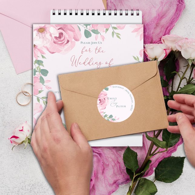 Sticker Rond Mariage tendance élégante Plutôt Blush Rose Floral (Trendy Elegant Pretty Blush Pink Florals Wedding Classic Round Sticker)