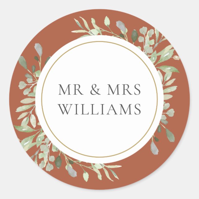 Sticker Rond Mariage Terracotta Greenery MR & MRS (Devant)
