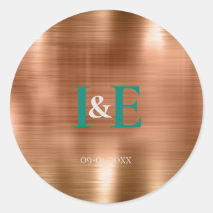 Sticker Rond Mariage Texte Sarcelle Feuille de Cuivre Faux Tend