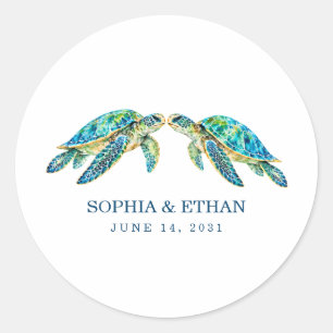 Sticker Rond Mariage Tortue Marine Bleu Vert