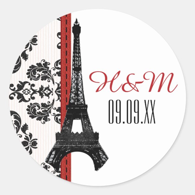 Sticker Rond MARIAGE Tour Eiffel monogramme rouge (Devant)