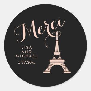 Sticker Rond Mariage Tour Eiffel Paris Noir et Rose Merci