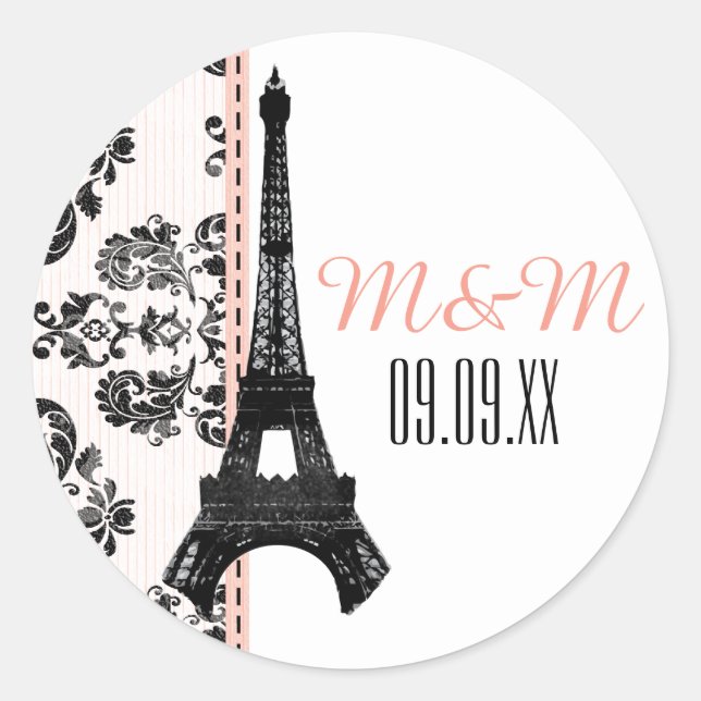 Sticker Rond Mariage Tour Eiffel rose monogramme Damask (Devant)