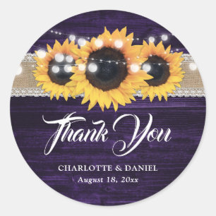 Sticker Rond Mariage Tournesol Dentelle Burlap Bois Violet