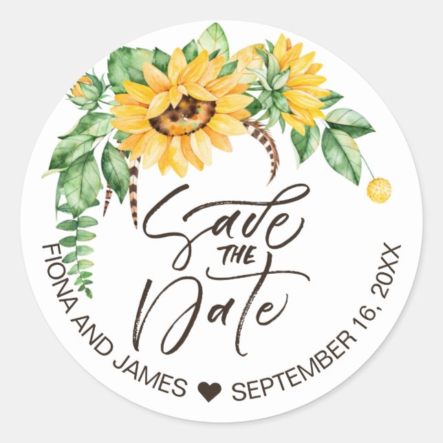 Sticker Rond Mariage Tournesol Floral Rustique Save The Date (Devant)