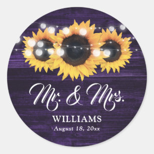 Sticker Rond Mariage Tournesol Monsieur et Madame Bois Violet