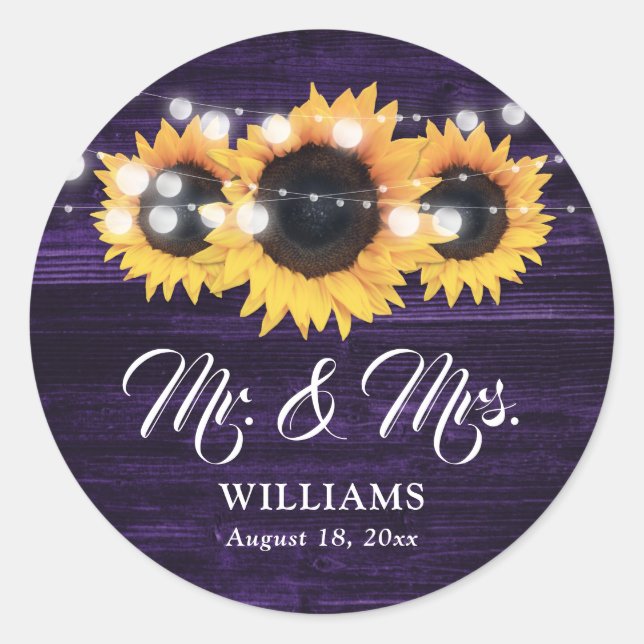 Sticker Rond Mariage Tournesol Monsieur et Madame Bois Violet (Devant)