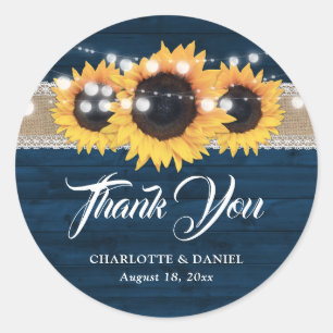 Sticker Rond Mariage Tournesol Nœud en Bois Toile de Jute Bleu
