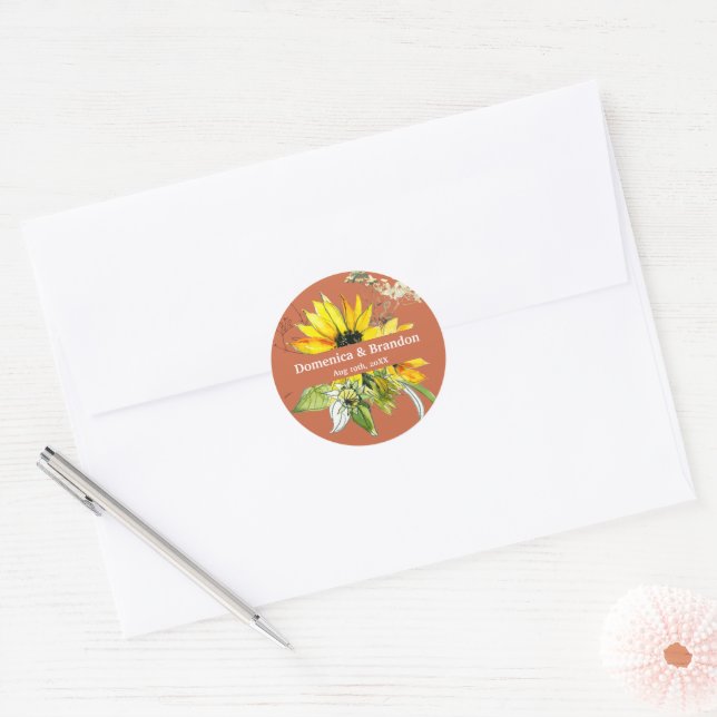 Sticker Rond Mariage Tournesol Terracotta (Enveloppe)