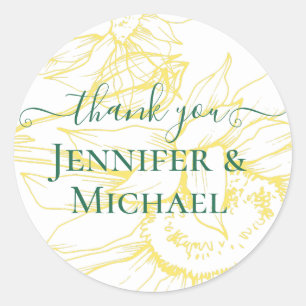 Sticker Rond Mariage Tournesols Modernes Vert Sauge Or