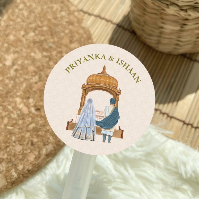 Sticker Rond Mariage traditionnel indien (Indian Punjabi Hindu Couple in Traditional Saree Wedding Favors stickers)