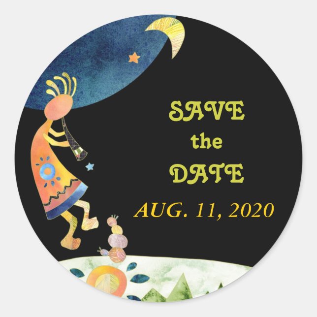 Sticker Rond Mariage tribal Cute Kokopelli Enregistrer la date (Devant)