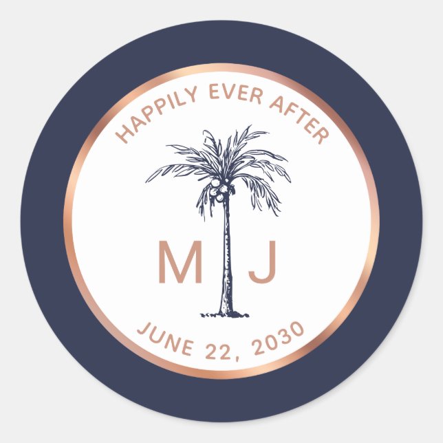 Sticker Rond Mariage Tropical Arbre Palmiste Monogramme Or Rose (Devant)