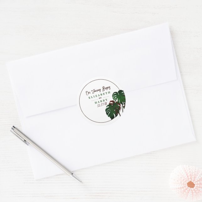 Sticker Rond Mariage tropical de la plage de Monstera (Enveloppe)