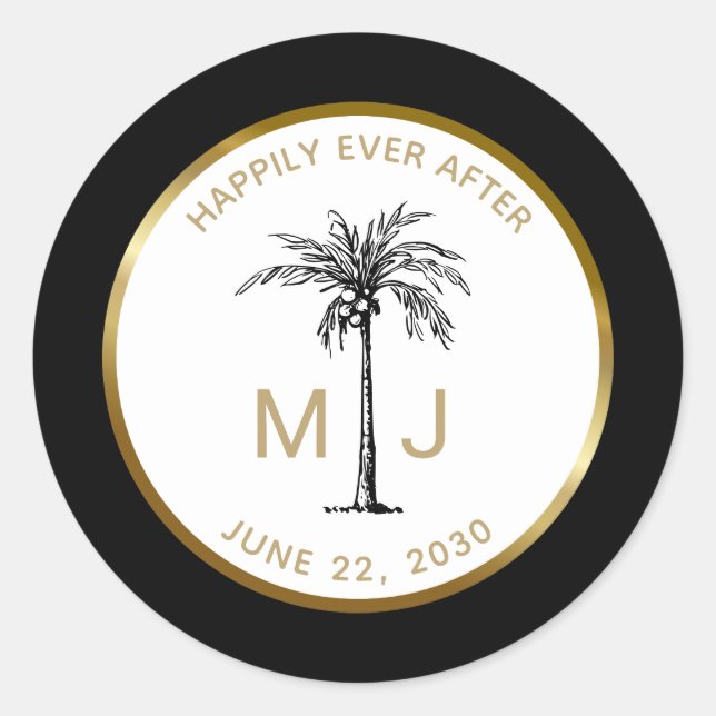 Sticker Rond Mariage Tropical Élégant Palmier Or Monogramme (Devant)