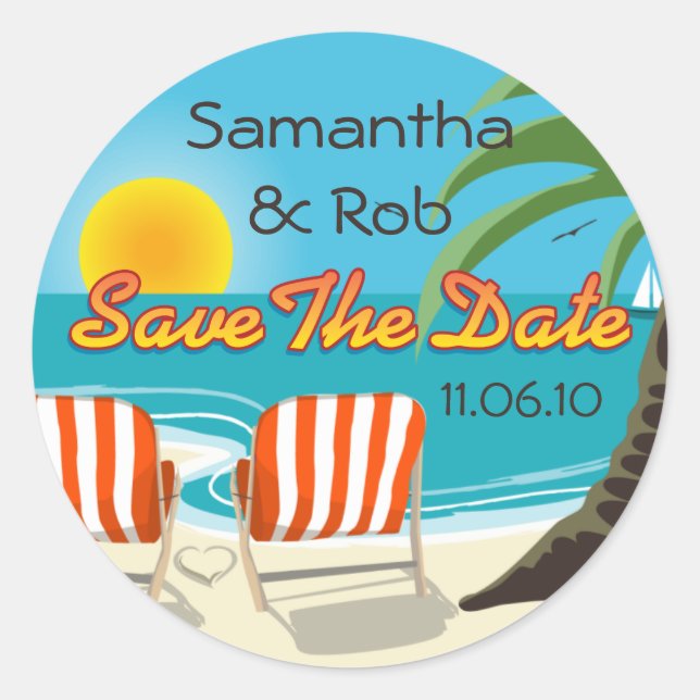 Sticker Rond Mariage Tropical Enregistrer La Date (Devant)