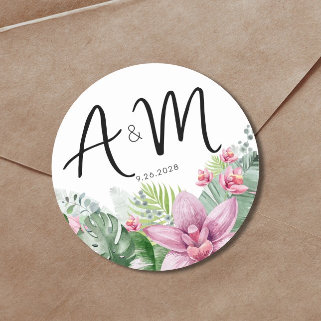 Sticker Rond Mariage tropical floral (Watercolor Floral Palm Tropical Wedding Monogram Classic Round Sticker)