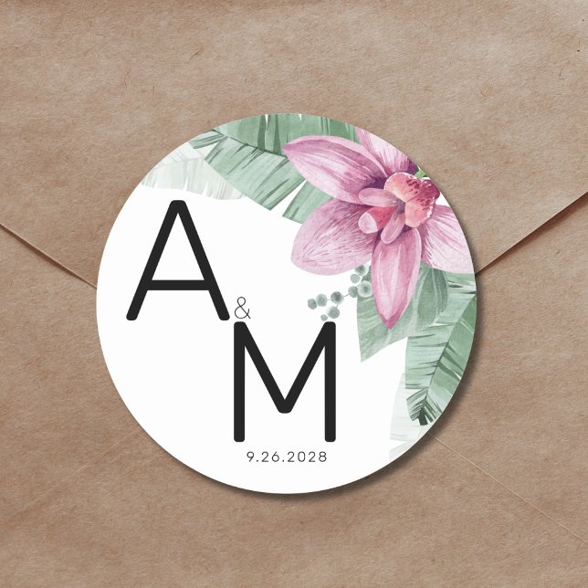 Sticker Rond Mariage Tropical Floral Moderne (Modern Watercolor Floral Tropical Wedding Monogram Classic Round Sticker)