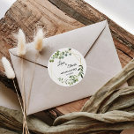 Sticker Rond Mariage Tropical Green Feuilles Amour & Merci<br><div class="desc">Ce sticker feuille vert tropical amour & merci mariage classique rond est parfait pour un mariage simple. Le design présente de beaux feuilles verts peints à la main,  ornant un cadre géométrique doré.</div>