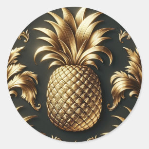 Sticker Rond Mariage Tropical Luxueux Ananas Noir & Or