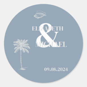 Sticker Rond Mariage Tropical Minimaliste Bleu Poussiéreux