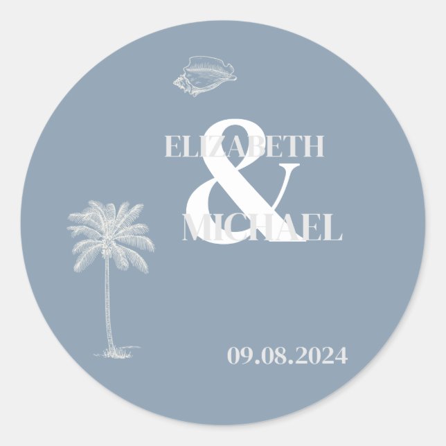 Sticker Rond Mariage tropical minimaliste Dusty Blue (Devant)