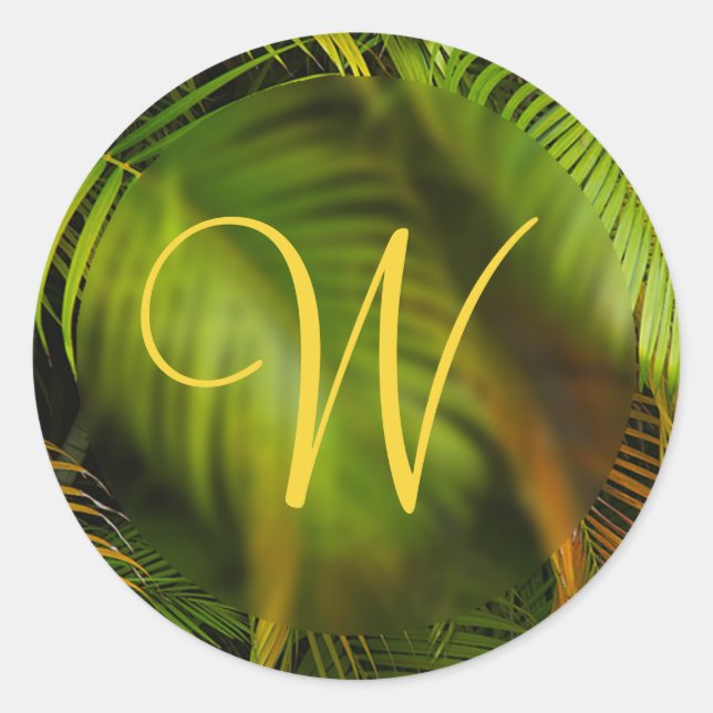 Sticker Rond Mariage tropical Monogram Palms Enveloppe Phoques (Devant)