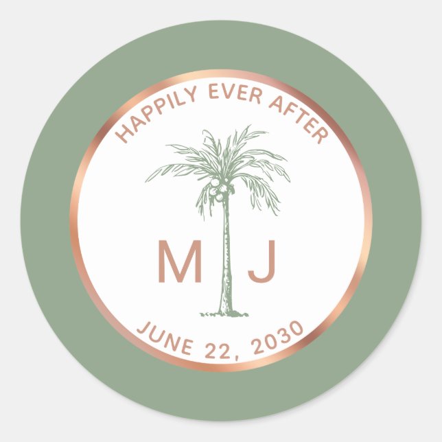 Sticker Rond Mariage Tropical Monogramme Arbre Palmier Or Rose  (Devant)