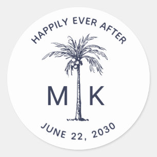 Sticker Rond Mariage Tropical Monogramme Palmier Bleu Marine