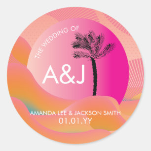 Sticker Rond Mariage Tropical Sunrise Rose Orange Blanc Gras