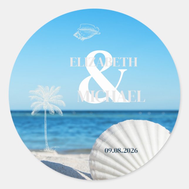 Sticker Rond Mariage Tropical sur une Plage Océane (Devant)