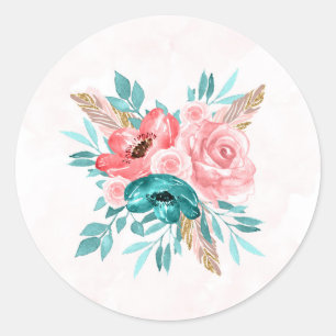 Sticker Rond Mariage turquoise et corail Peony