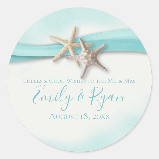 Sticker Rond Mariage turquoise Starfish et Ribbon (Devant)
