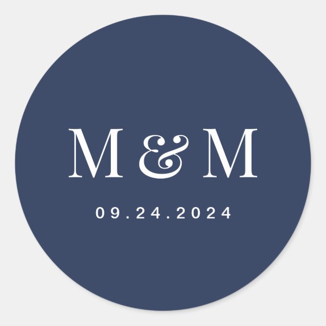 Sticker Rond Mariage Typographie Monogramme Bleu Marine Classiq (Devant)