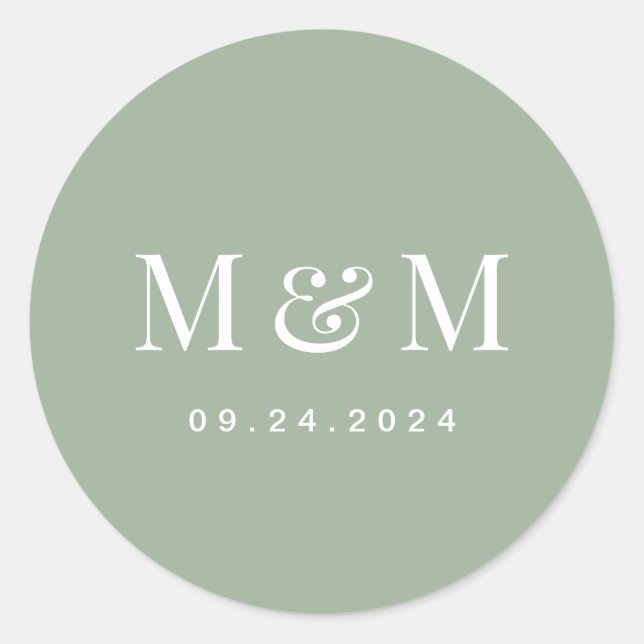Sticker Rond Mariage Typographie Monogramme Vert Sauge Classiqu (Devant)