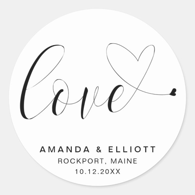 Sticker Rond Mariage Typographie Romantique Noir et Blanc (Devant)